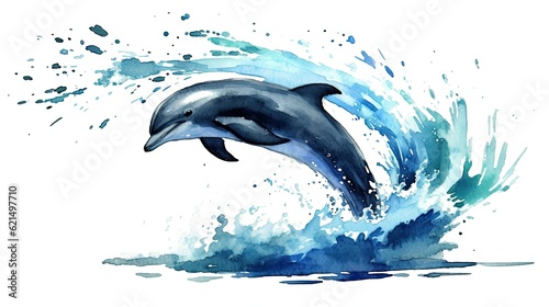 Obraz fluidity and unpredictability of watercolors by creating a dynamic and energetic dolphin print. bold brushstrokes and splashes of color to depict the dolphin movement and power 