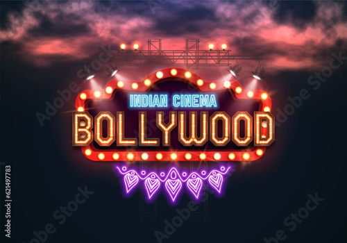 Bollywood indian cinema. Movie banner or poster with retro neon billboard. Vector illustration.