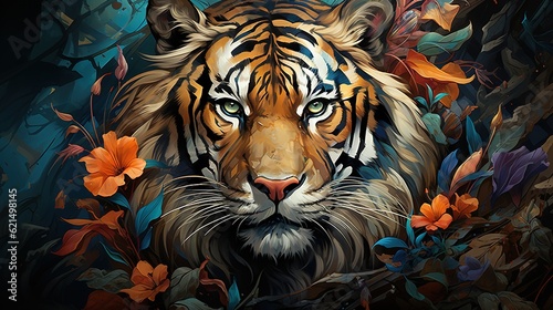 Fényképezés a painting of a tiger surrounded by leaves and flowers on a black background