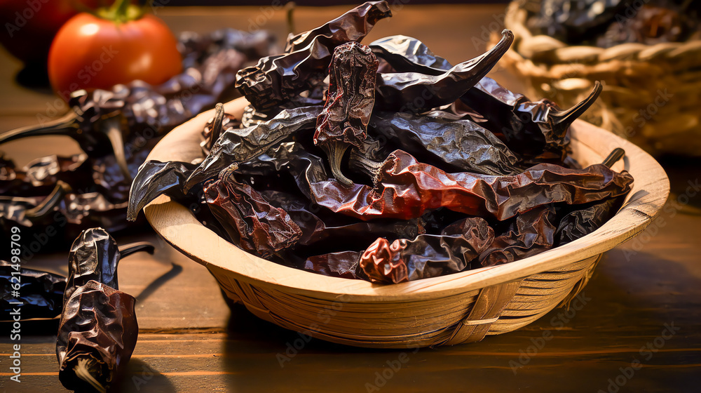 Ancho-Chili ist eine getrocknete Chilisorte mit einer tiefen, rotbraunen Farbe. Ancho chili is a type of dried chili pepper that is a deep, reddish-brown color. Generative AI - obrazy, fototapety, plakaty 