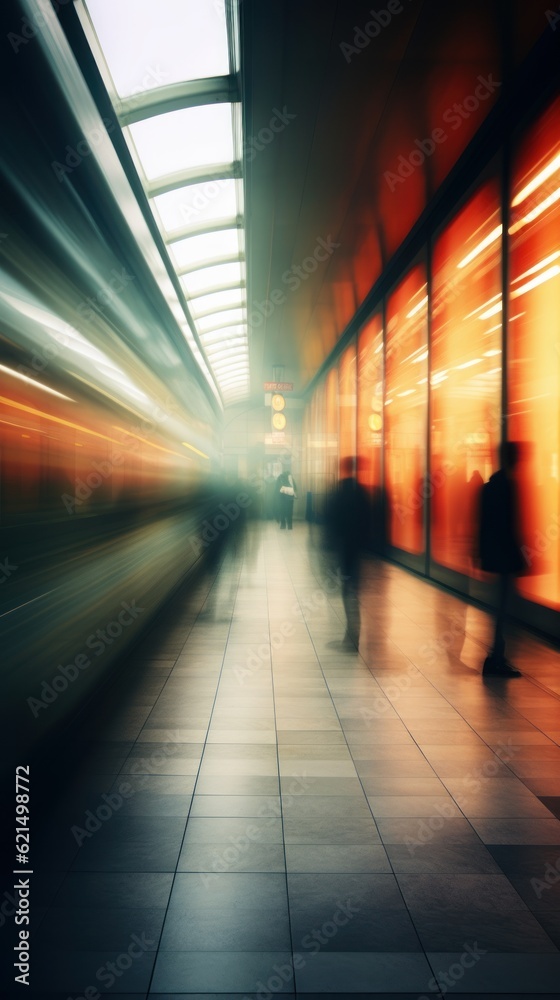 Metro station with blurred traffic and crowd. Generative AI Metro station with blurred traffic and crowd. Generative AI