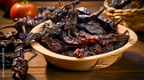 Ancho-Chili ist eine getrocknete Chilisorte mit einer tiefen, rotbraunen Farbe. Ancho chili is a type of dried chili pepper that is a deep, reddish-brown color. Generative AI