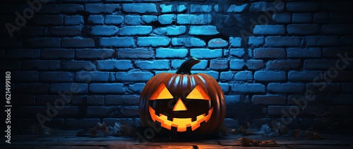 carved pumpkin lantern on street ground with brick wall as background, blue wall, generative Ai