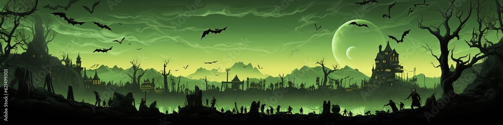  creepy Halloween landscape banner background, green, Generative Ai