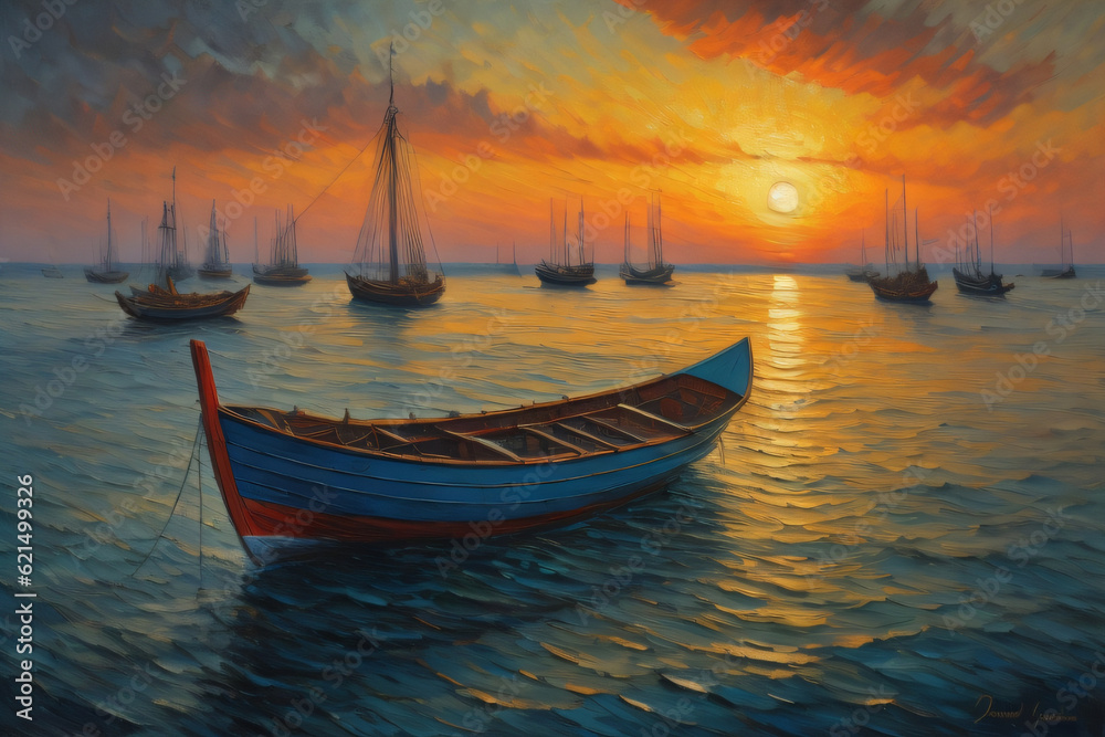 Generative AI. Boats on the sea at sunset in impressionist painting style.