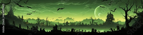  creepy Halloween landscape banner background, green, Generative Ai