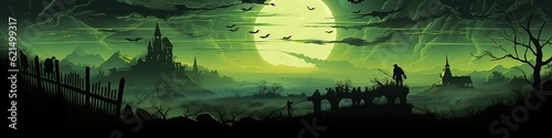  creepy Halloween landscape banner background, green, Generative Ai © QuietWord