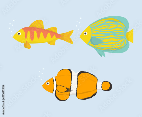 Vector illustration. Collection of cute sea fish in cartoon style. Icon.