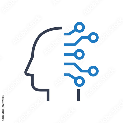 Icono inteligencia artificial. Logo silueta de cabeza humana lineal de perfil con conexiones de red
