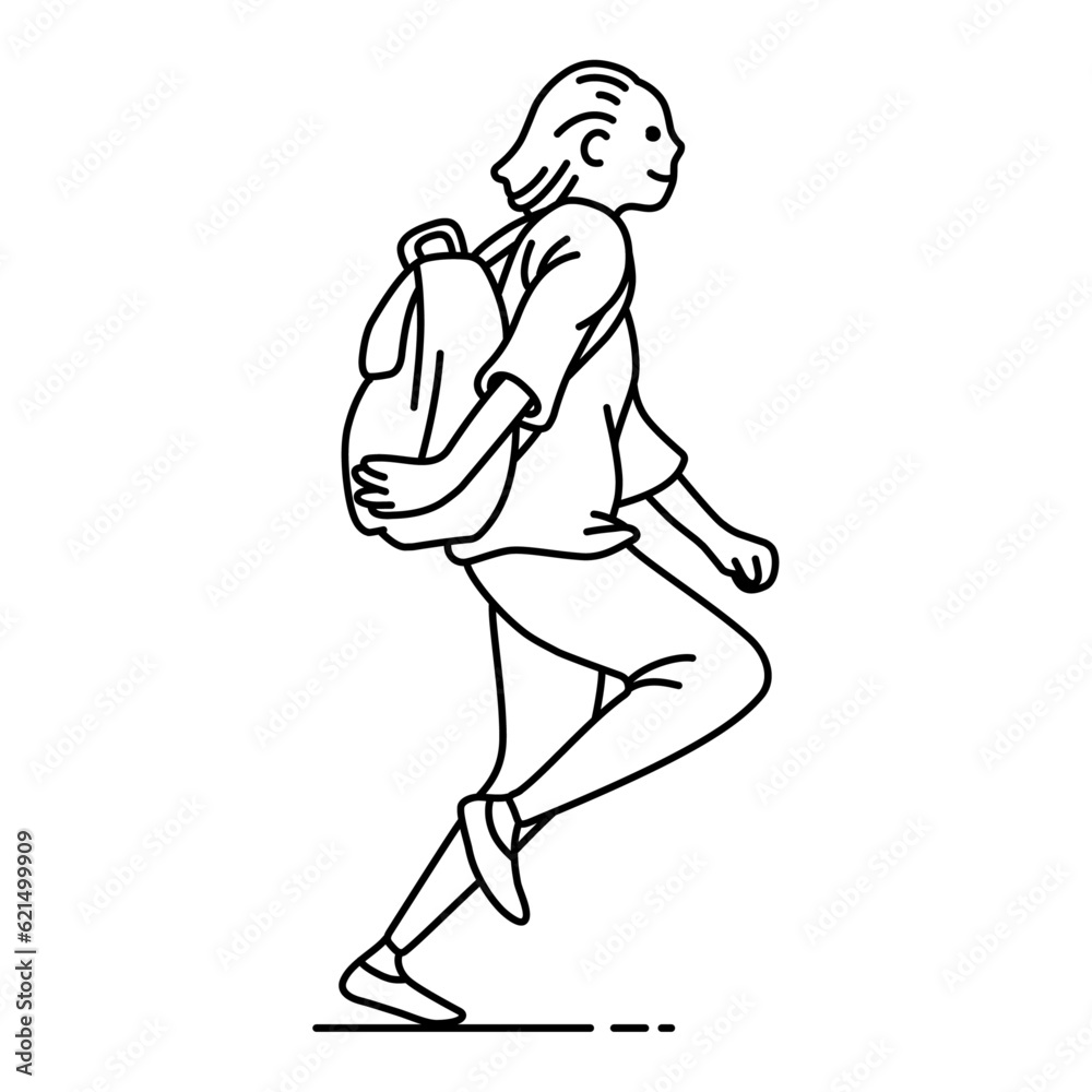 Running female student with her school bag. Young happy smiling schoolgirl student cartoon character with backpack running. Schoolgirl run. Isolated vector.