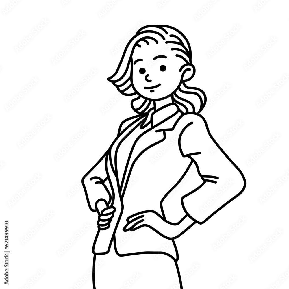 Business woman in line art illustration. Independent woman in suits. 