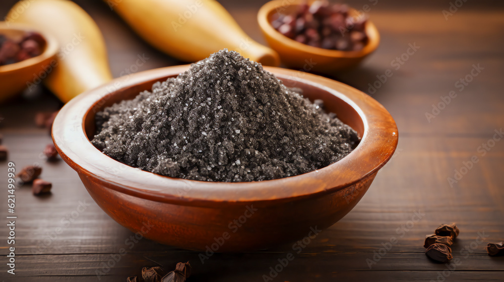 Kala Namak oder schwarzes Salz ist eine Art Steinsalz mit dunkelviolett-schwarzer Farbe. Kala Namak or black salt, is a type of rock salt that is dark purple-black color. Generative AI Kala Namak oder schwarzes Salz ist eine Art Steinsalz mit dunkelviolett-schwarzer Farbe. Kala Namak or black salt, is a type of rock salt that is dark purple-black color. Generative AI