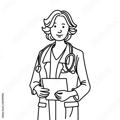 Beautiful female doctor in lab coat. Medicine professional doctor. Healthcare worker cartoon character. Hand drawn doctor. Female doctor manual drawing.