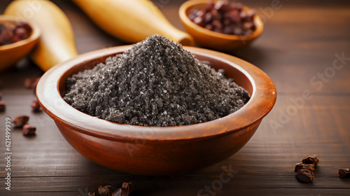 Kala Namak oder schwarzes Salz ist eine Art Steinsalz mit dunkelviolett-schwarzer Farbe. Kala Namak or black salt, is a type of rock salt that is dark purple-black color. Generative AI