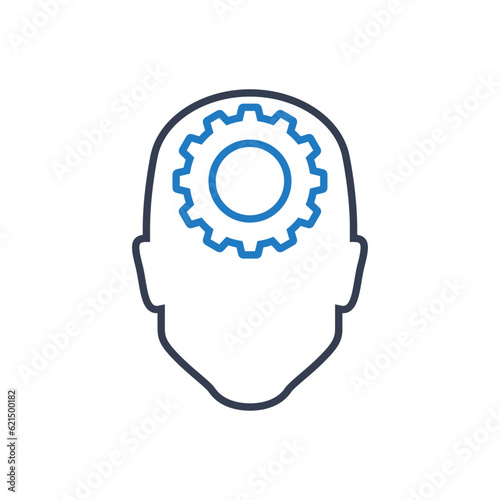 Icono inteligencia artificial. Logo silueta de cabeza humana lineal con engranaje en lugar del cerebro