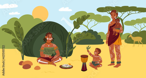 African tribe people. Cartoon aborigines. Happy parents and children. Ethnic traditional clothes or tattoos. Indigenous woman in hut. Kid in loincloth plays with drum. Garish vector concept