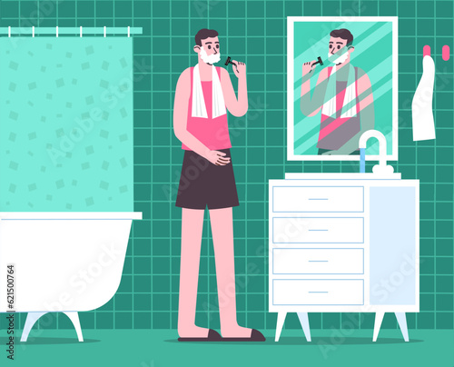 Cartoon guy shaves. Man in bathroom in front of mirror. Hygienic morning procedures. Facial skin hair removal. Beard care. Male skincare routine. Person with shaving blade. Vector concept