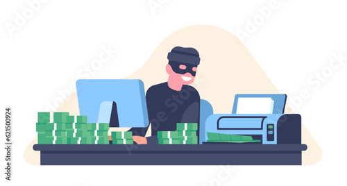 Counterfeiting money. Counterfeiter prints counterfeit cash on printer. Dollar banknotes stacks. Illegal finance. Fake currency. Criminal at computer. Financial fraud. Vector concept