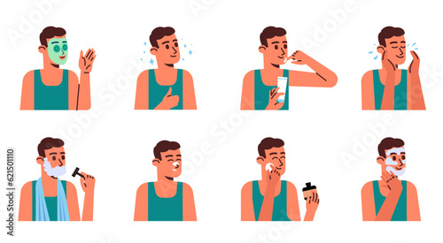 Male facial skin care procedures. Beauty routine. Man applying cosmetic mask and moisturizing cream. Shaving and cleansing. Makeup steps. Skincare products. Guy portraits vector set