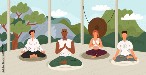 Meditation group. People in unity with nature. Persons sit in lotus position and meditate. Yoga practice. Balance and serenity. Yogi relaxation. Scenic landscape. Garish vector concept