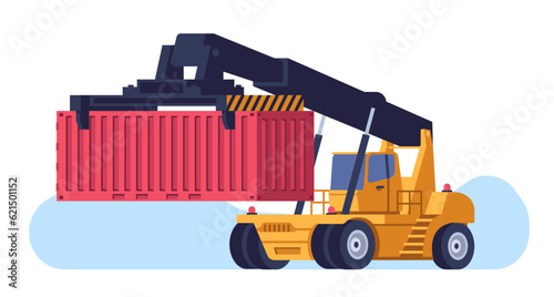 Richstacker transports shipping container from warehouse. Freight transportation. Excavator lifting heavy box. Cargo logistics. Storehouse forklift lorry. Harbor loader. Vector concept photo