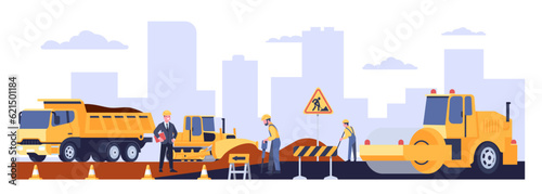 Road works on construction of new highway with special equipment. Workman in overalls. Workers brigade repairing street. Truck and paver. Asphalt laying. Roadway renovation. Vector concept