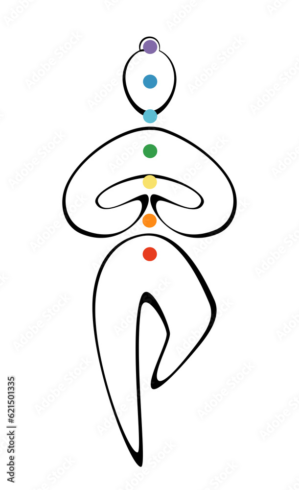 Fototapeta premium Contours of a man in yoga poses with chakra colors on a white background. Trendy idea design for poster, banner