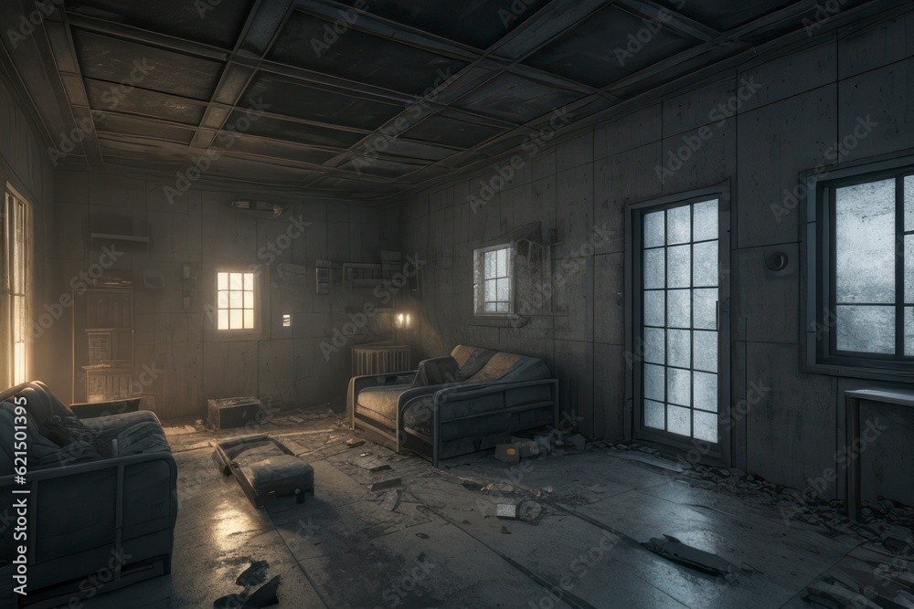 Interior of a building in post-apocalyptic world Interior of a building in post-apocalyptic world