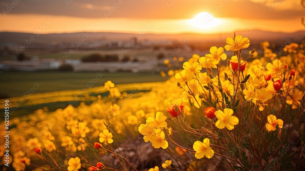 Fototapeta premium beautiful floewer field on hill with calm and tranquil nature landscape, Generative Ai