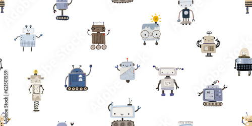 Colorful cartoon robots isolated background seamless pattern. Endless pattern with different robots. Repeating color simple flat pattern with monsters. Pattern for kids with cartoon characters. 
