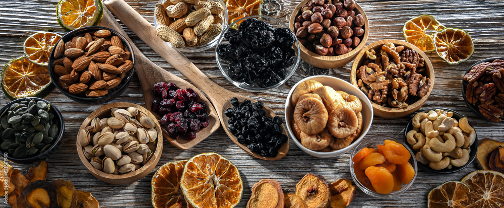 Composition with a variety of dried fruits and assorted nuts. Composition with a variety of dried fruits and assorted nuts.