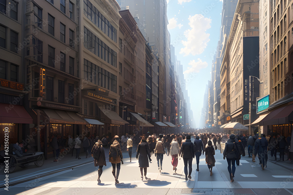 Illustration of a busy new york city street with crowds of people walking. (AI-generated fictional illustration)
