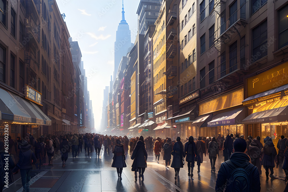 Illustration of a busy new york city street with crowds of people walking. (AI-generated fictional illustration)
