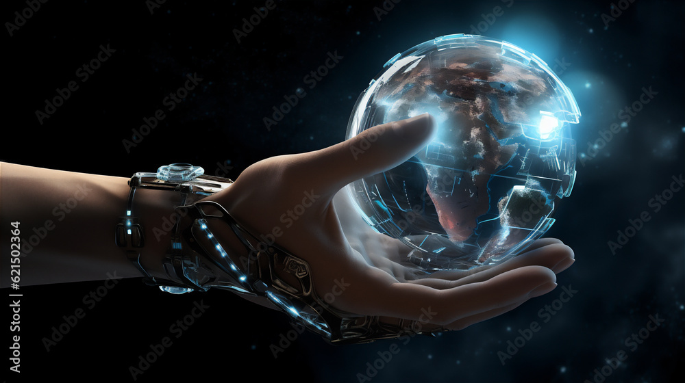 hand holding hologram of world and earth, digital technology, create using generative AI