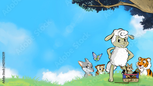animals in landmark background cartoon illustration
