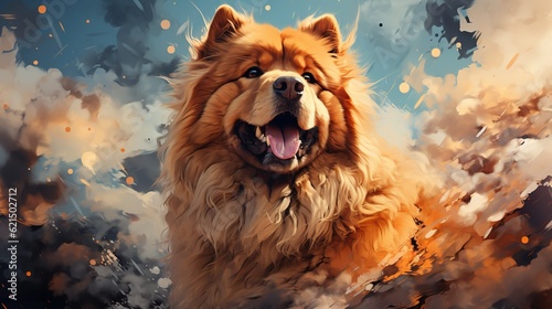  a painting of a chow chow dog with his mouth open.  generative ai