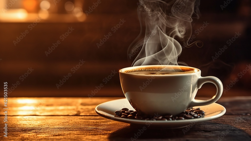 Cup of coffee with smoke on a wooden table. Generative AI Cup of coffee with smoke on a wooden table. Generative AI