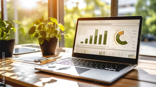 Laptop o the table with economic graphs, charts, diagrams. Business analitics. Generative AI