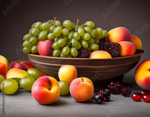 Assortment of juicy fruits in a large bowl on wooden table  natural background. Digital illustration. CG Artwork Background