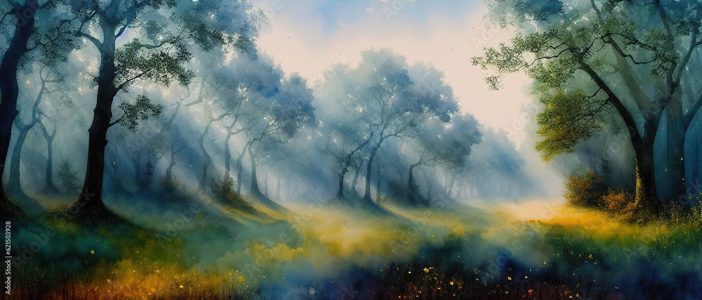Mystical watercolor oak forest in autumn with light fog, generative ai. - obrazy, fototapety, plakaty 