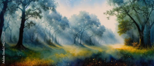 Mystical watercolor oak forest in autumn with light fog, generative ai.