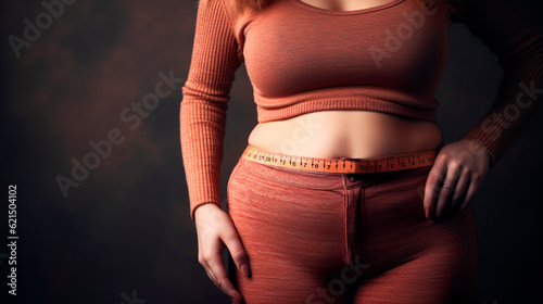 Overweight young woman measuring her waist with tape measure. Diet and weight loss concept. Generative Ai technology.