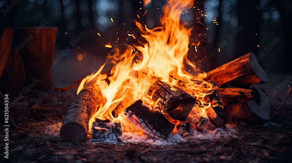 A crackling bonfire illuminating a dark night, with sparks dancing in the air and casting a warm glow. generative ai A crackling bonfire illuminating a dark night, with sparks dancing in the air and casting a warm glow. generative ai
