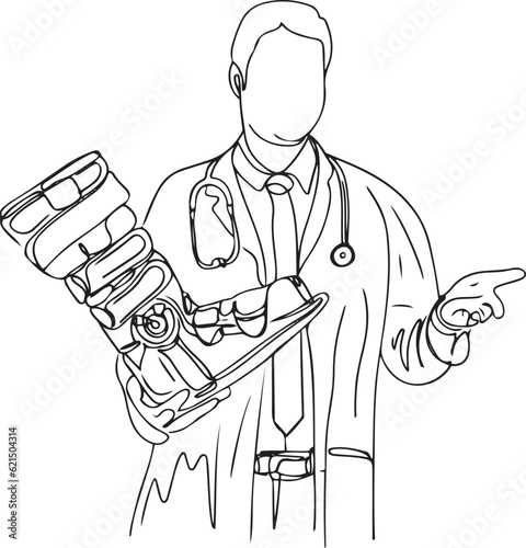Recovery and Rehabilitation: Royalty-Free Continuous Outline Sketch of Doctor and Orthopedic Foot Brace in Cartoon Illustration, Injury Prevention, Orthopedic Expertise, Support and Healing