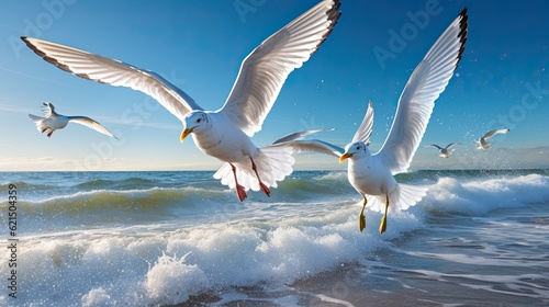 A flock of graceful seagulls soaring above the ocean waves  their wings gliding effortlessly through the salty breeze. generative ai