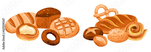 Bakery products. A variety of pastries from the dough. Homemade cakes. Cartoon vector illustration.