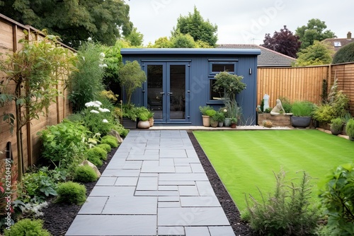 Fotomurale A general view of a back garden with artificial grass, grey paving slab patio, f