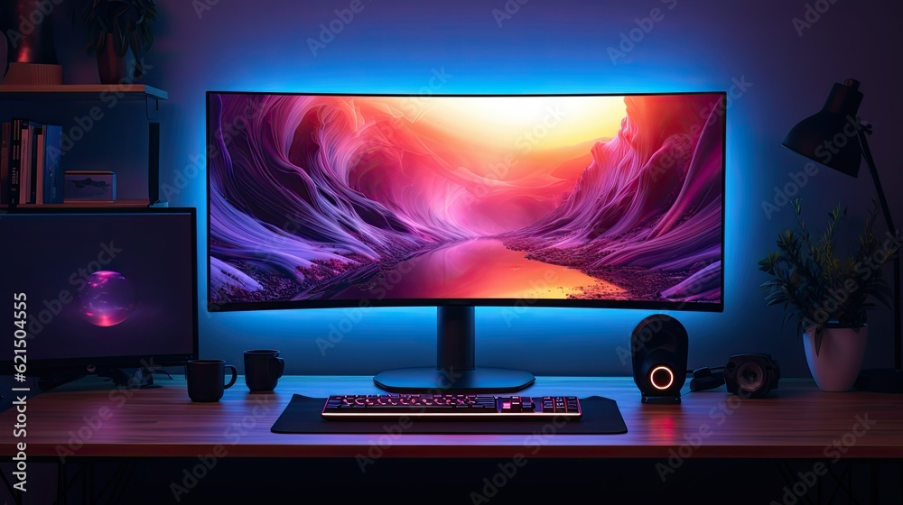 A minimalist desktop computer setup with a large curved monitor and RGB lighting, generative ai A minimalist desktop computer setup with a large curved monitor and RGB lighting, generative ai
