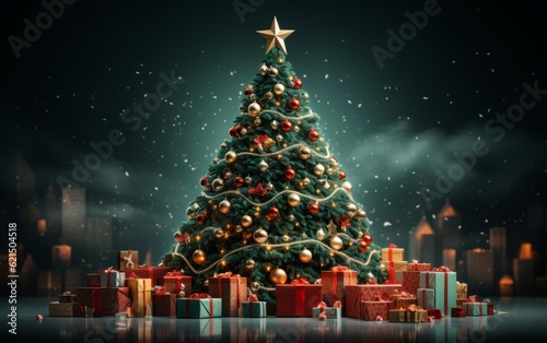 A huge Christmas tree with bright lights and presents. photo