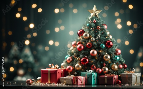 A beautifully decorated Christmas tree with bright lights and presents.